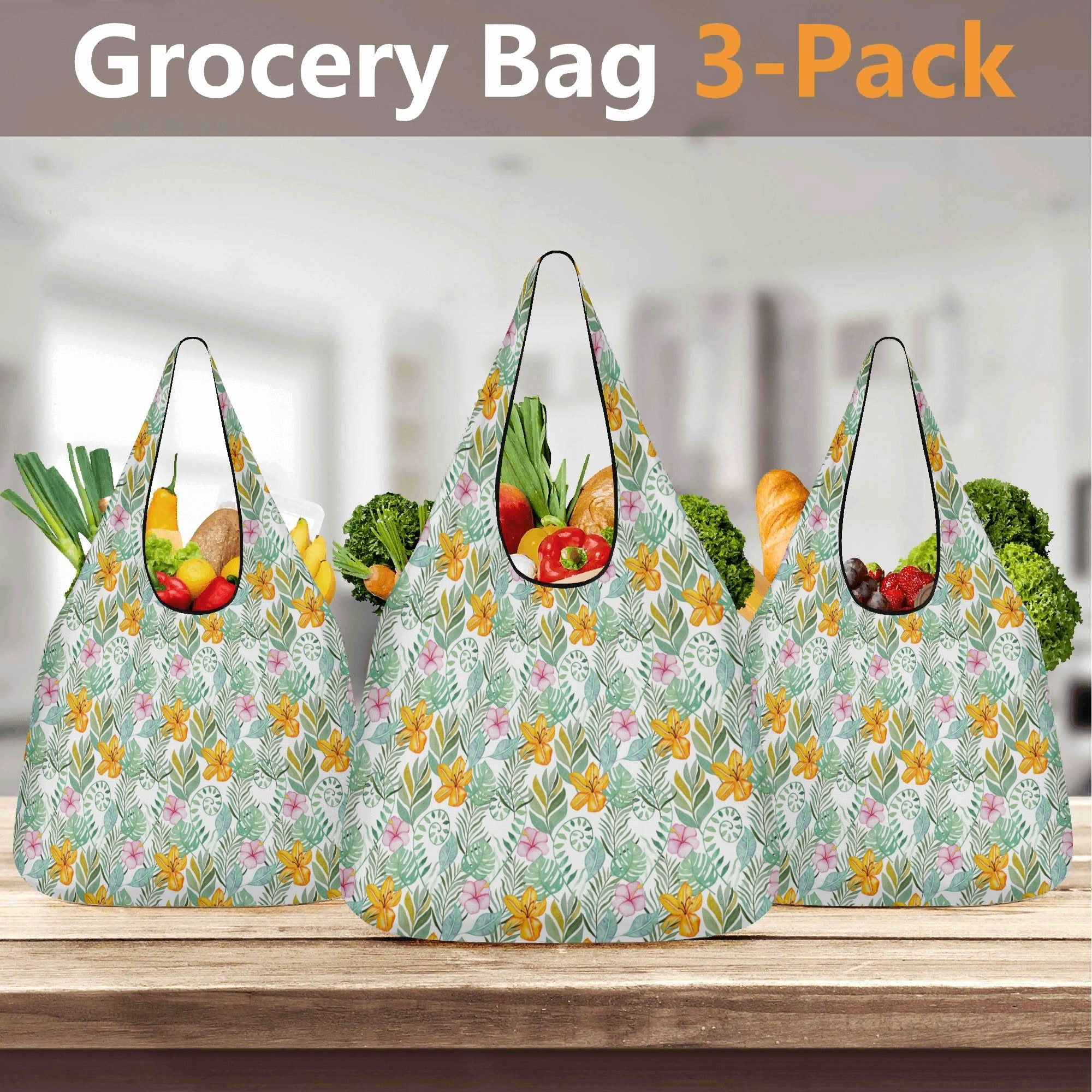 Tropical Flowers And Leaves 3 Pack of Foldable Shopping Bags 3-Pack Shopping Bags Plants Printed Offshore