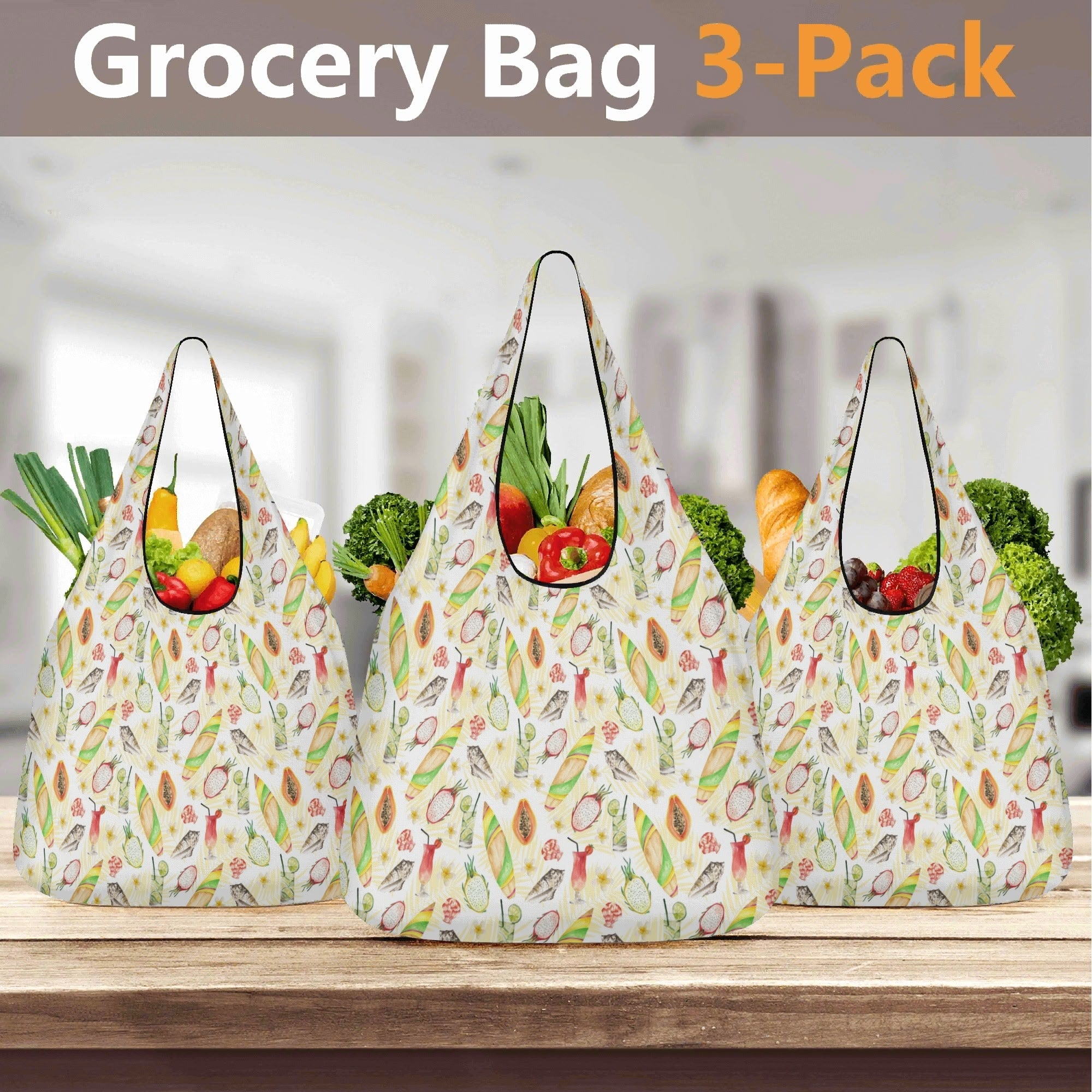 Tropical Surf 3 Pack of Foldable Shopping Bags 3-Pack Shopping Bags Printed Offshore Surf