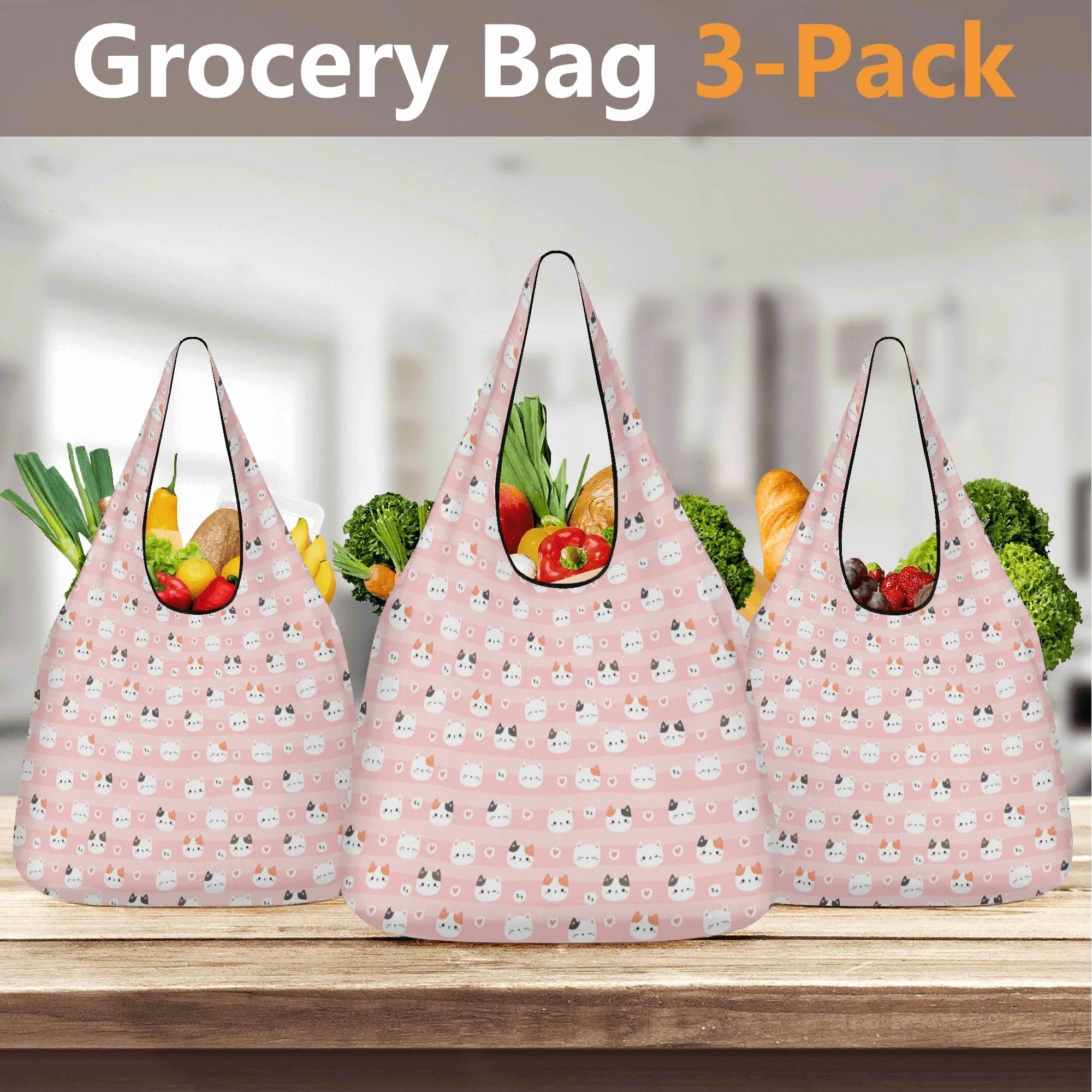 Pink Cats 3 Pack of Foldable Shopping Bags 3-Pack Shopping Bags animal Printed Offshore