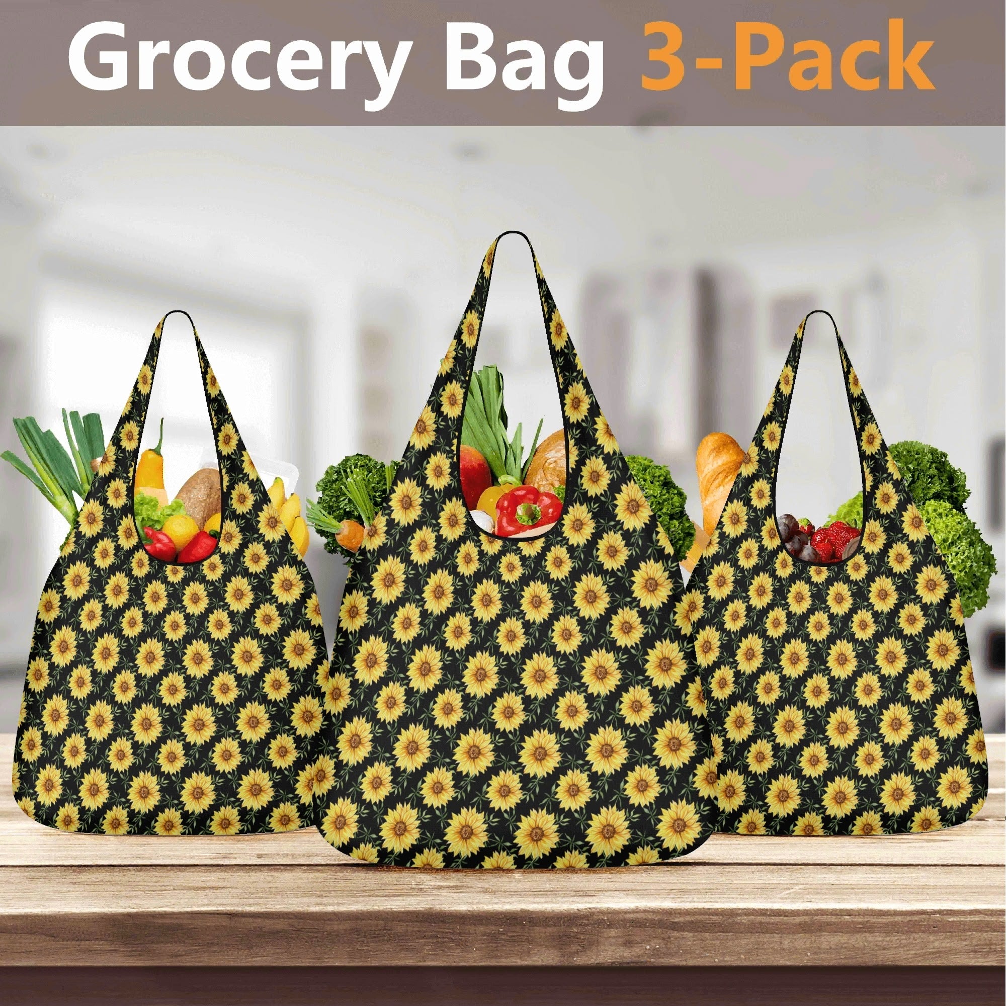 Painted Sunflower 3 Pack of Foldable Shopping Bags 3-Pack Shopping Bags Plants Printed Offshore