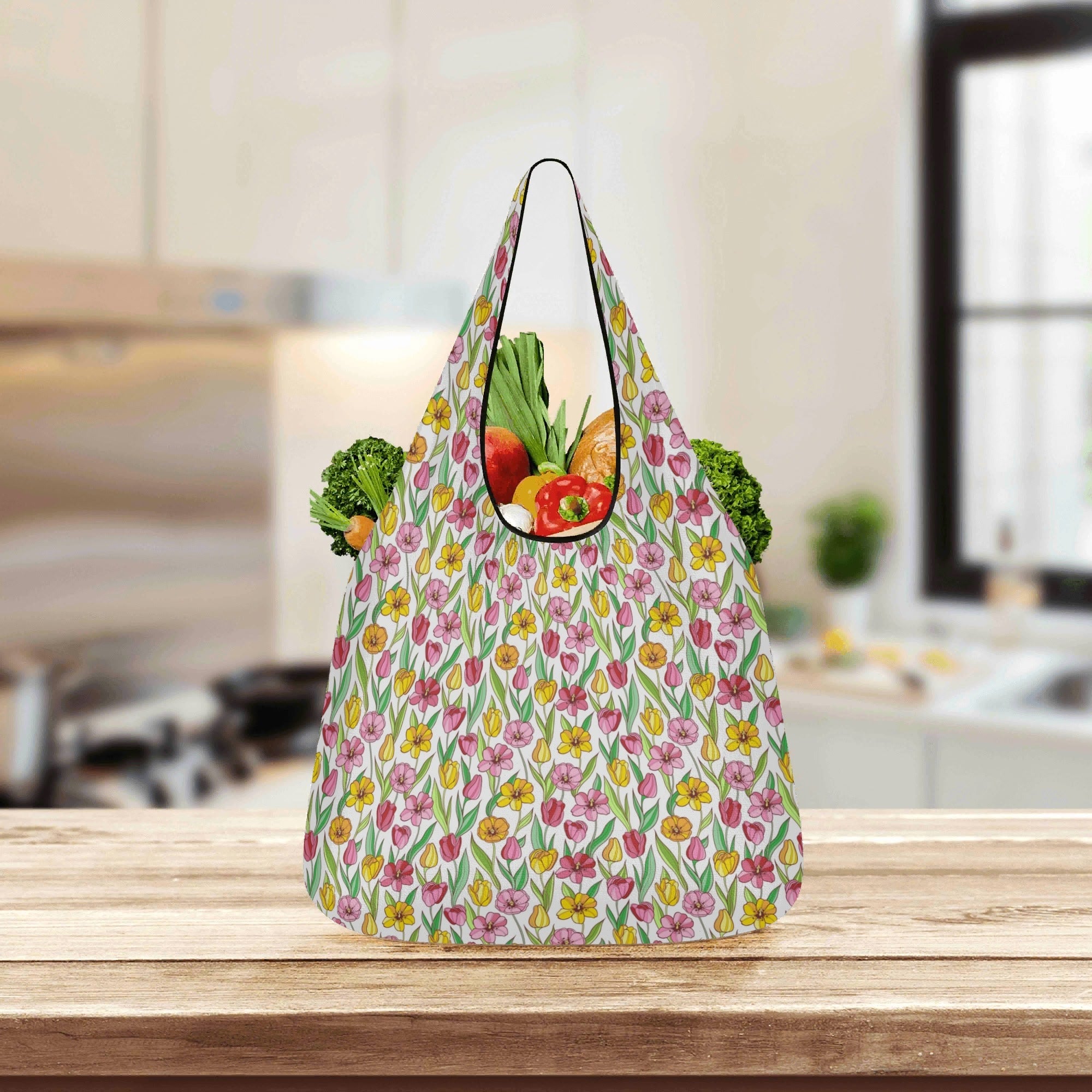 Pink And Yellow Floral 3 Pack of Foldable Shopping Bags 3-Pack Shopping Bags Plants Printed Offshore