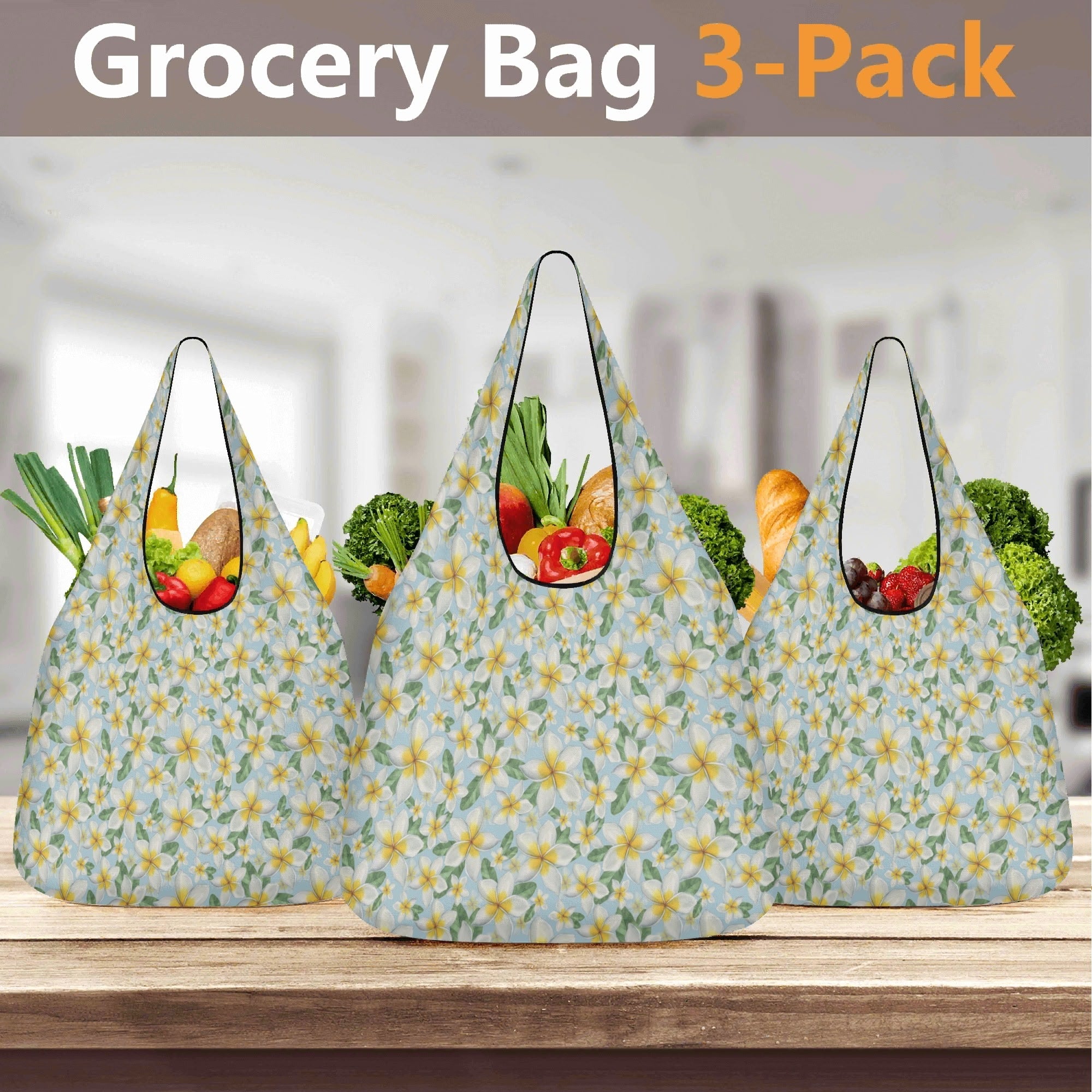 Delicate Frangipani 3 Pack of Foldable Shopping Bags 3-Pack Shopping Bags Food Printed Offshore