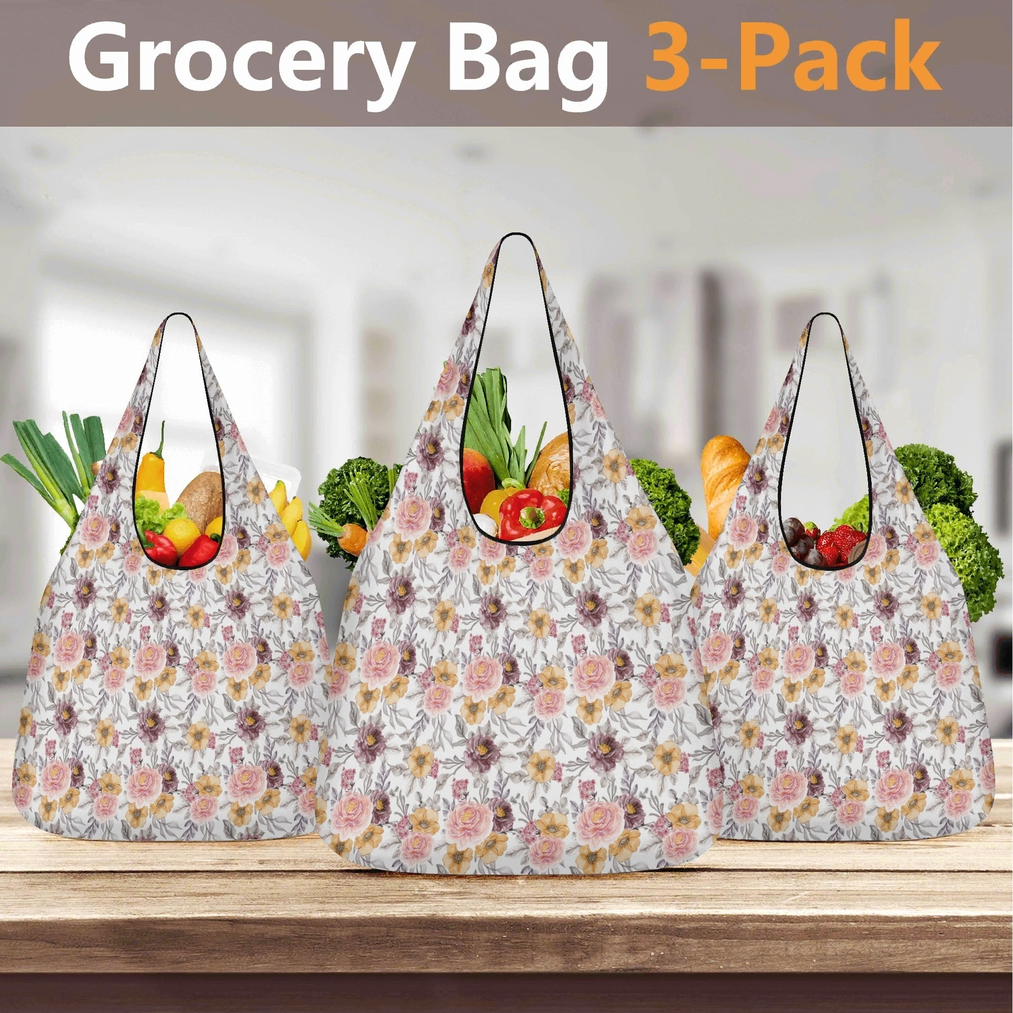 Painted Flowers 3 Pack of Foldable Shopping Bags 3-Pack Shopping Bags Plants Printed Offshore