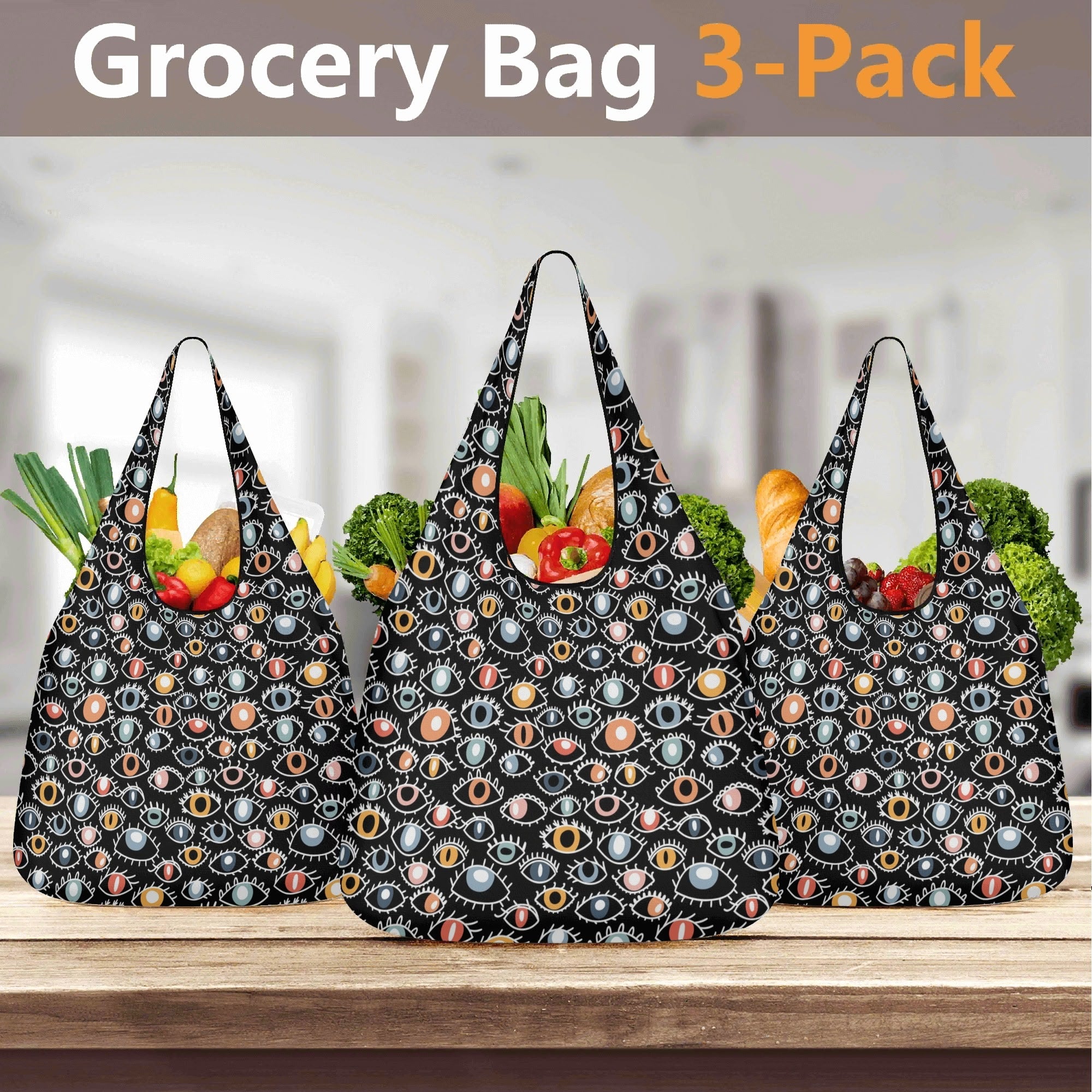Eyes On Black 3 Pack of Foldable Shopping Bags 3-Pack Shopping Bags Printed Offshore