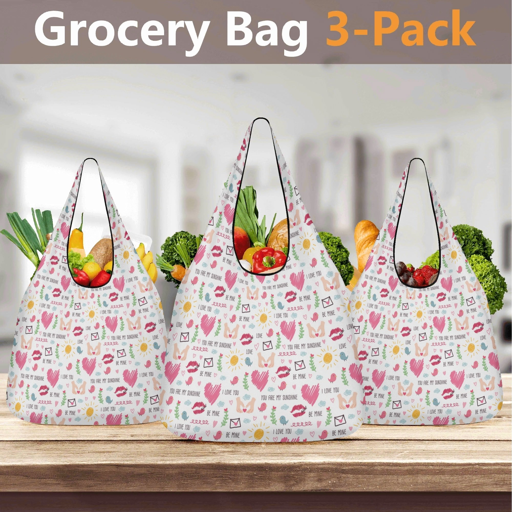 Valentine - 3 Pack of Foldable Shopping Bags 3-Pack Shopping Bags Love Printed Offshore