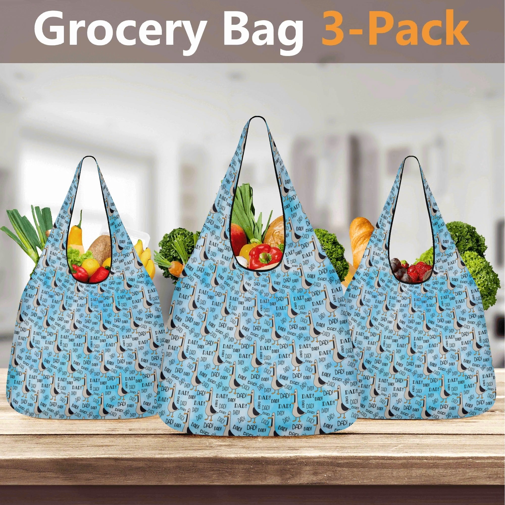 Dad Seagull - 3 Pack of Foldable Shopping Bags 3-Pack Shopping Bags animal Dad Printed Offshore