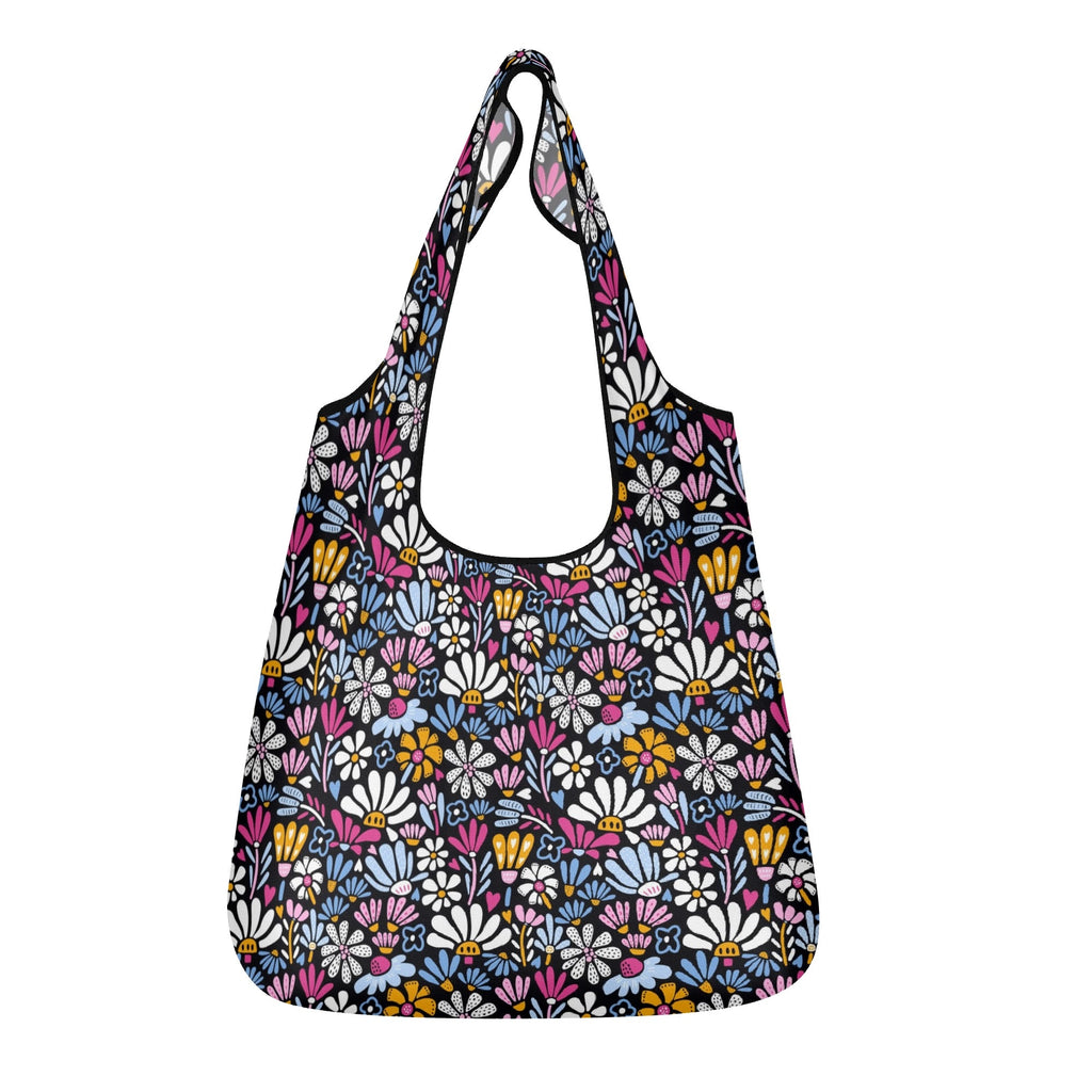 Graphic Flowers On Black 3 Pack of Foldable Shopping Bags Default Title 3-Pack Shopping Bags Plants Printed Offshore