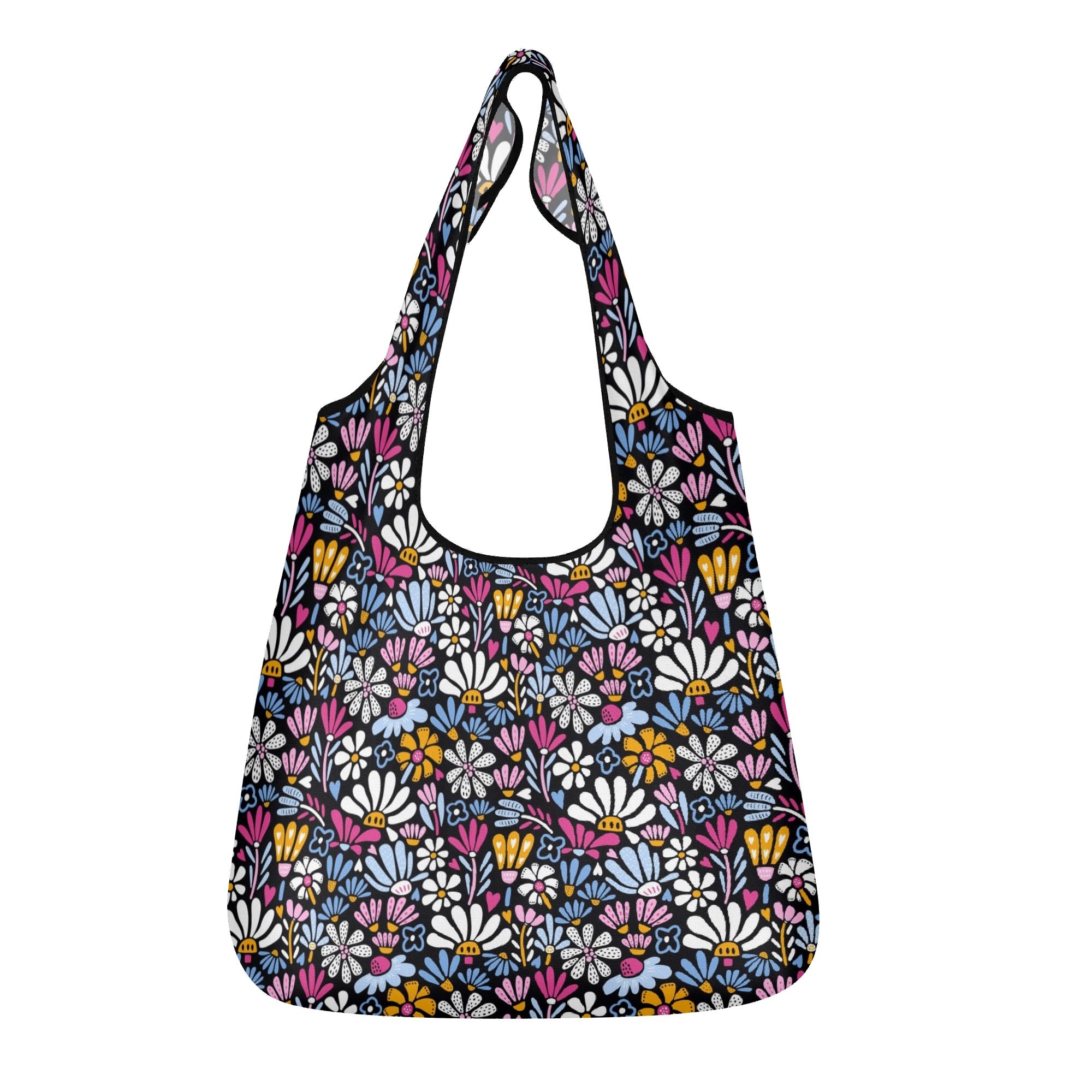 Graphic Flowers On Black 3 Pack of Foldable Shopping Bags Default Title 3-Pack Shopping Bags Plants Printed Offshore