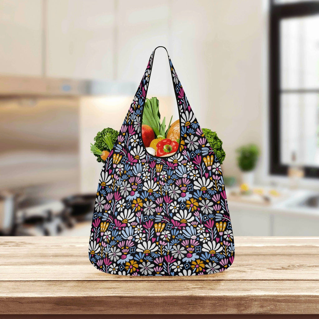 Graphic Flowers On Black 3 Pack of Foldable Shopping Bags 3-Pack Shopping Bags Plants Printed Offshore