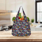 Graphic Flowers On Black 3 Pack of Foldable Shopping Bags 3-Pack Shopping Bags Plants Printed Offshore