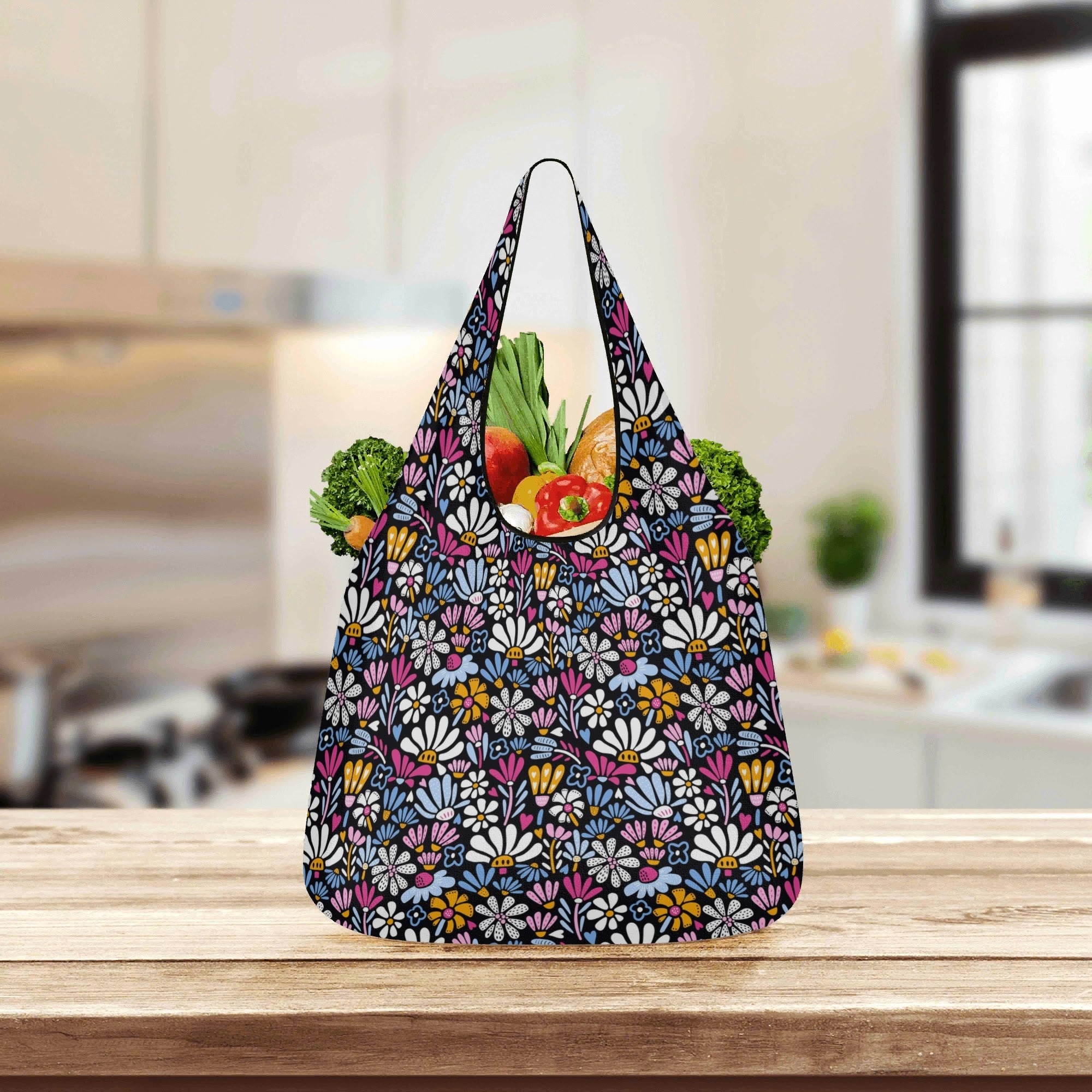 Graphic Flowers On Black 3 Pack of Foldable Shopping Bags 3-Pack Shopping Bags Plants Printed Offshore