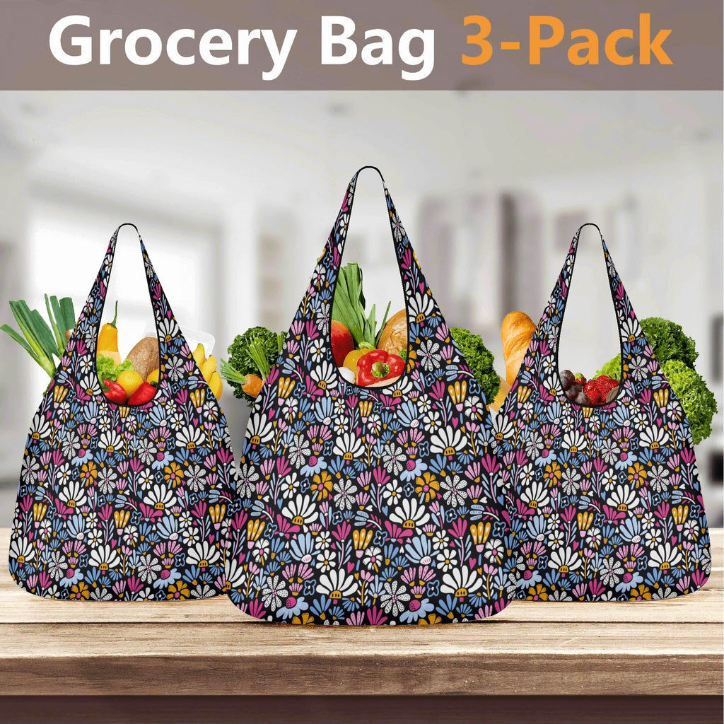 Graphic Flowers On Black 3 Pack of Foldable Shopping Bags 3-Pack Shopping Bags Plants Printed Offshore