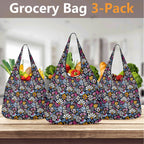 Graphic Flowers On Black 3 Pack of Foldable Shopping Bags 3-Pack Shopping Bags Plants Printed Offshore