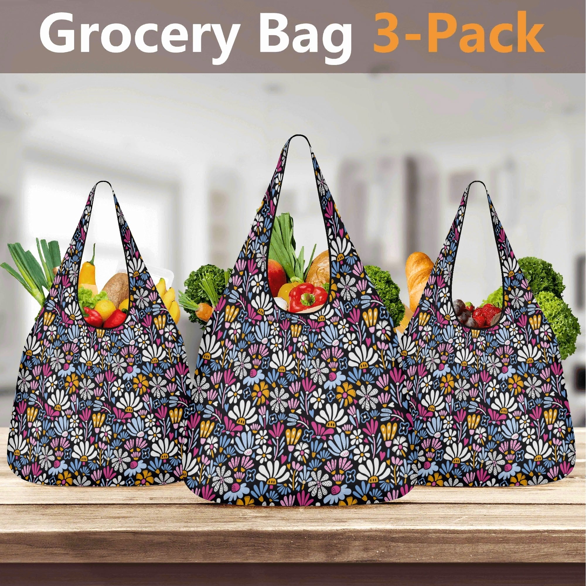 Graphic Flowers On Black 3 Pack of Foldable Shopping Bags 3-Pack Shopping Bags Plants Printed Offshore