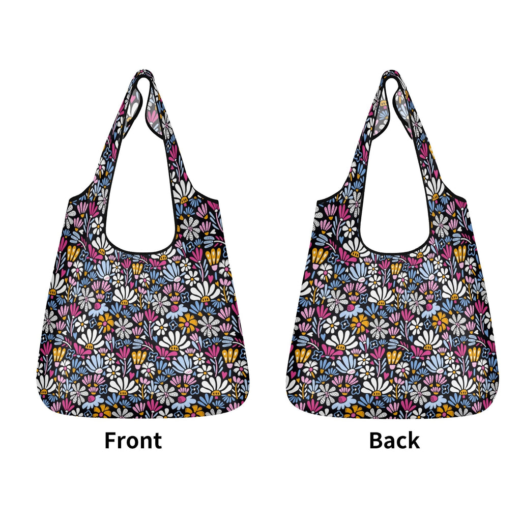 Graphic Flowers On Black 3 Pack of Foldable Shopping Bags 3-Pack Shopping Bags Plants Printed Offshore
