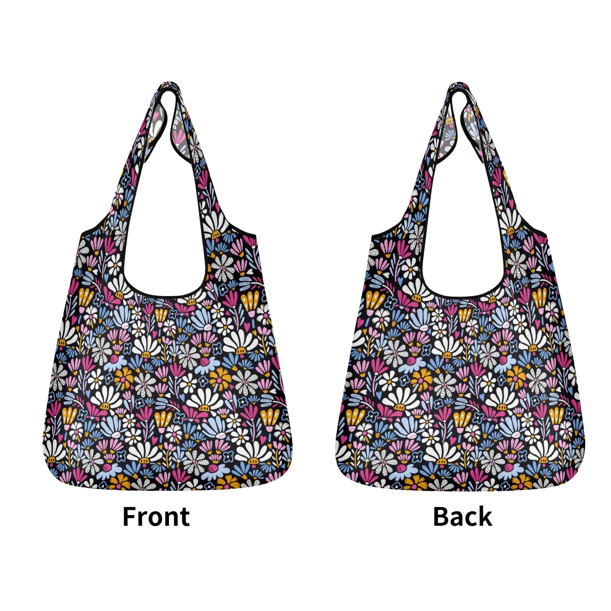 Graphic Flowers On Black 3 Pack of Foldable Shopping Bags 3-Pack Shopping Bags Plants Printed Offshore