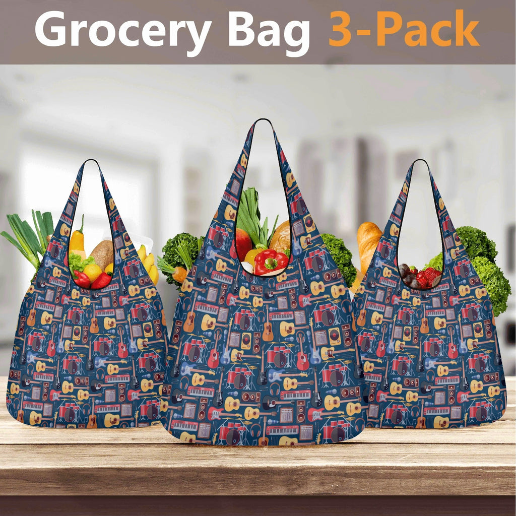 Music Instruments 3 Pack of Foldable Shopping Bags 3-Pack Shopping Bags Music Printed Offshore