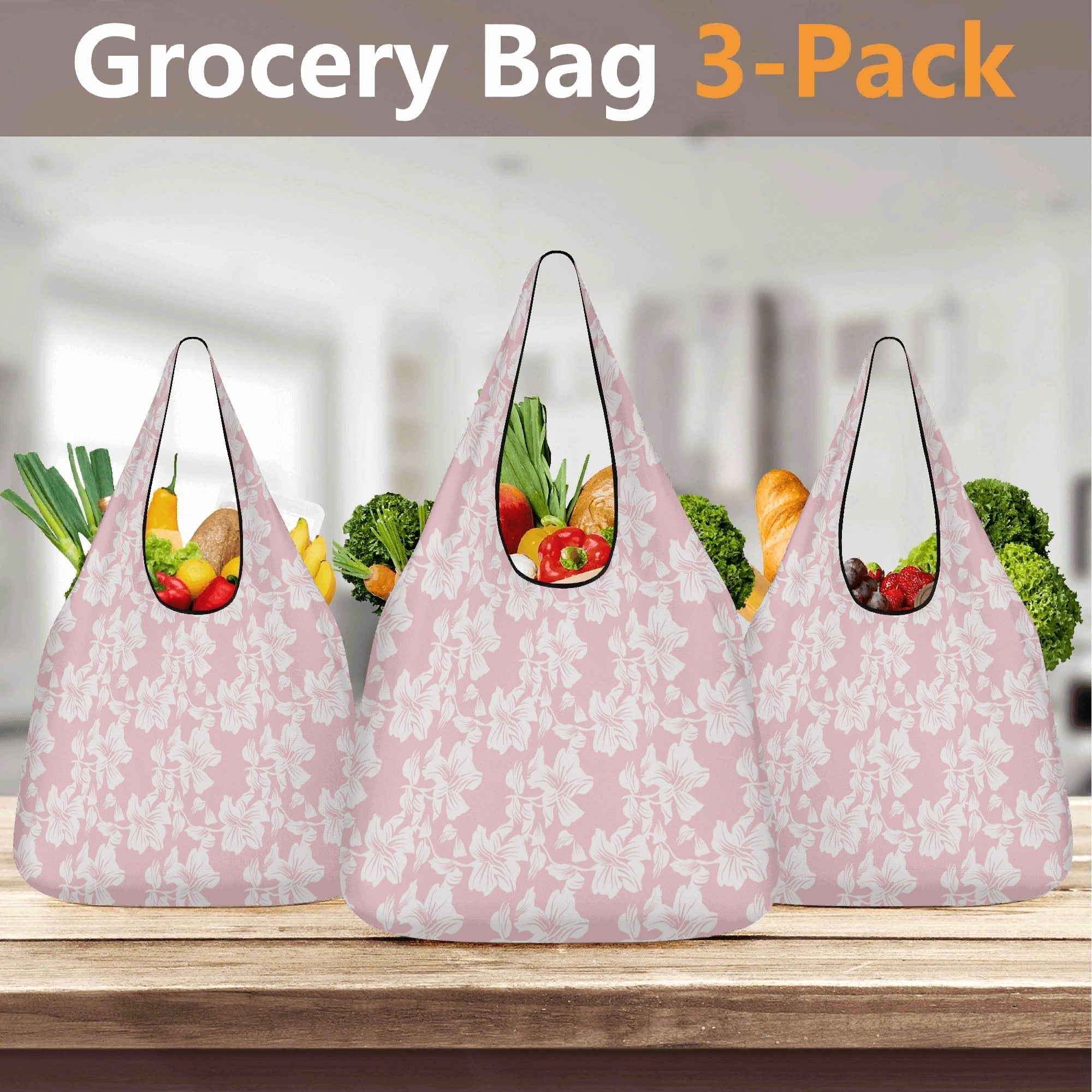 Pink Hawaiian Floral 3 Pack of Foldable Shopping Bags 3-Pack Shopping Bags Plants Printed Offshore