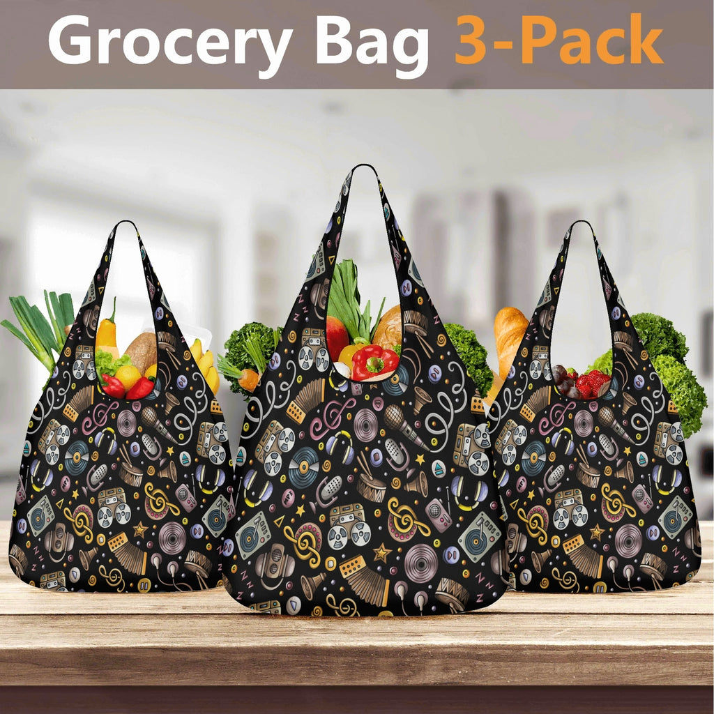 Retro Music Mix 3 Pack of Foldable Shopping Bags 3-Pack Shopping Bags Music Printed Offshore Retro