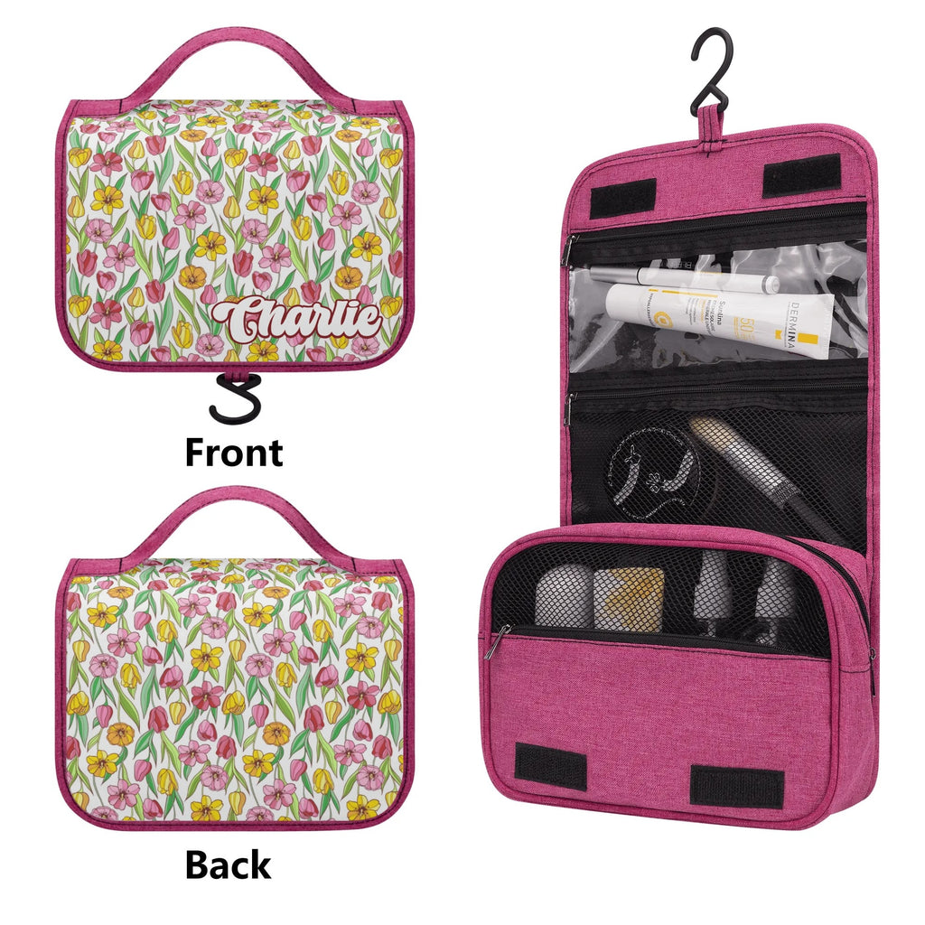 Personalised Pink And Yellow Flowers Toiletry Cosmetic Travel Bag Personalised Cosmetic / Toiletry Bag Plants Printed Offshore