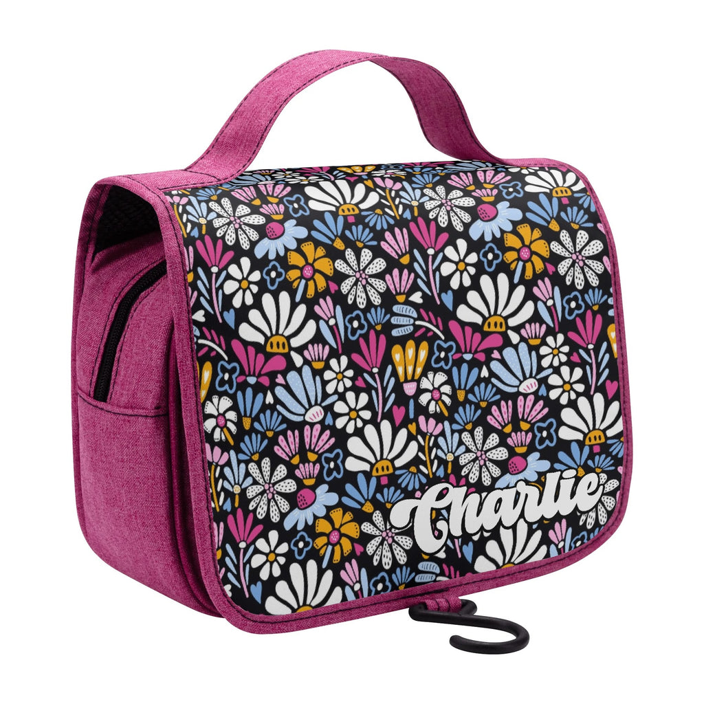 Personalised Graphic Flowers On Black Toiletry Cosmetic Travel Bag Personalised Cosmetic / Toiletry Bag Plants Printed Offshore