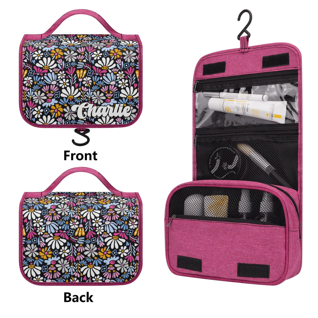 Personalised Graphic Flowers On Black Toiletry Cosmetic Travel Bag Personalised Cosmetic / Toiletry Bag Plants Printed Offshore