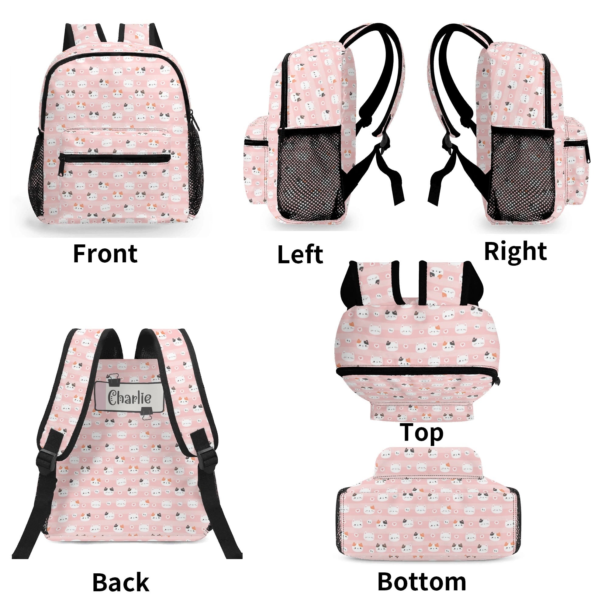 Personalised - Pink Cats - Small Kids Backpack, Name On Back Personalised Small Kids Backpack animal Printed Offshore