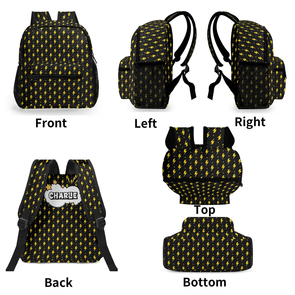 Personalised Yellow Lightning Small Kids Backpack, Name On Back Personalised Small Kids Backpack comic Printed Offshore