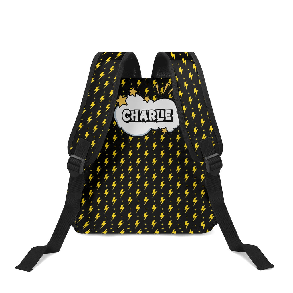 Personalised Yellow Lightning Small Kids Backpack, Name On Back Personalised Small Kids Backpack comic Printed Offshore