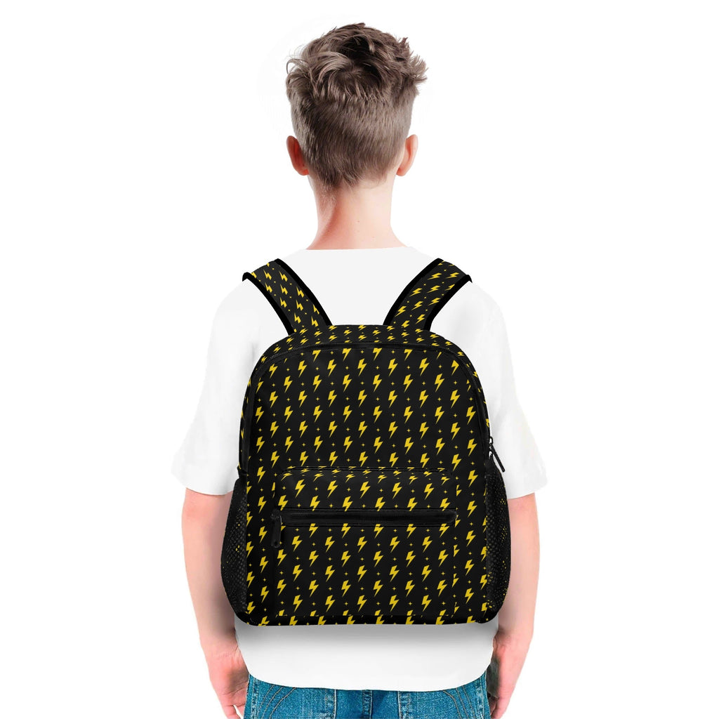 Personalised Yellow Lightning Small Kids Backpack, Name On Back Personalised Small Kids Backpack comic Printed Offshore