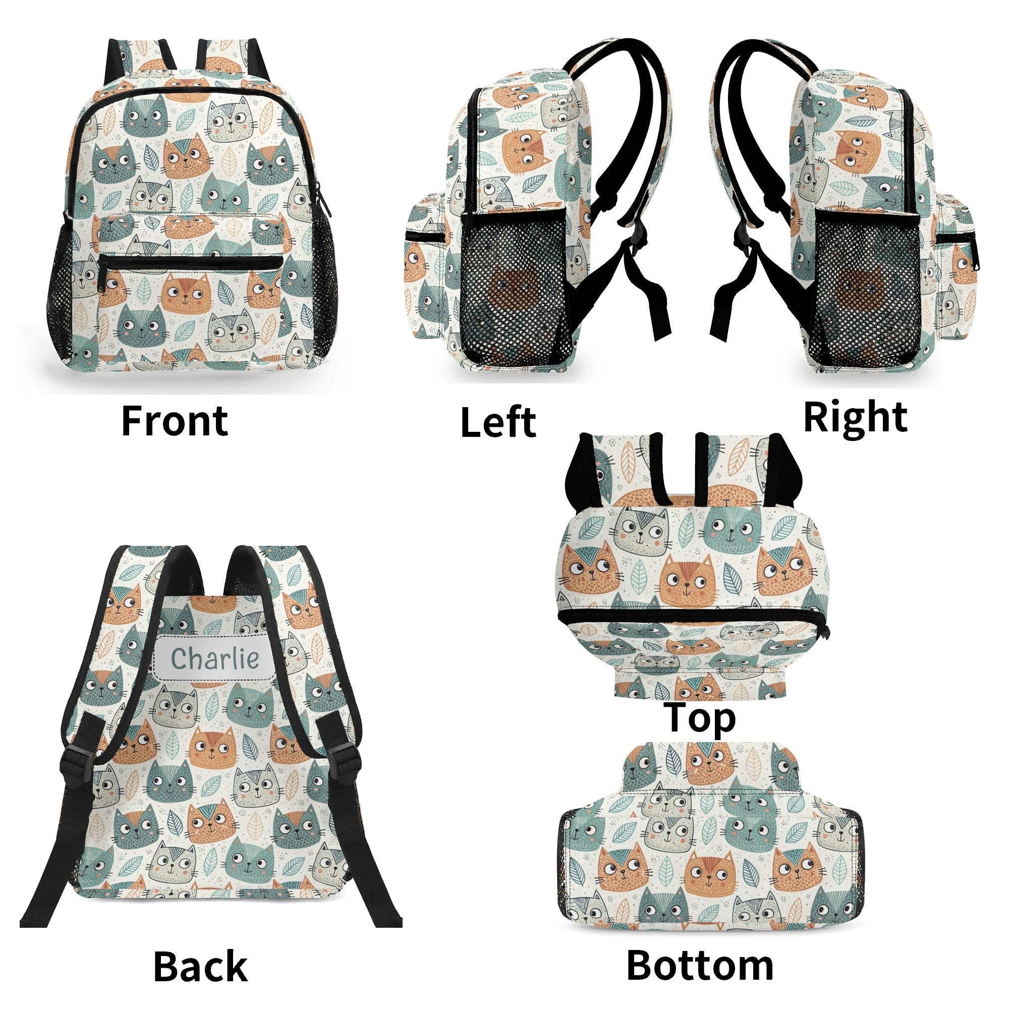 Personalised - Cute Cat Faces - Small Kids Backpack, Name On Back Personalised Small Kids Backpack animal Printed Offshore