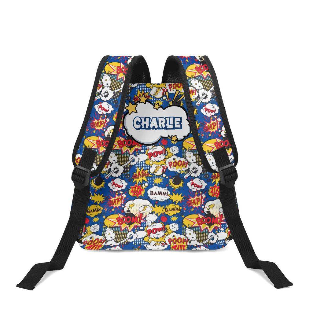 Personalised Comic Book Blue Small Kids Backpack, Name On Back Personalised Small Kids Backpack comic Printed Offshore