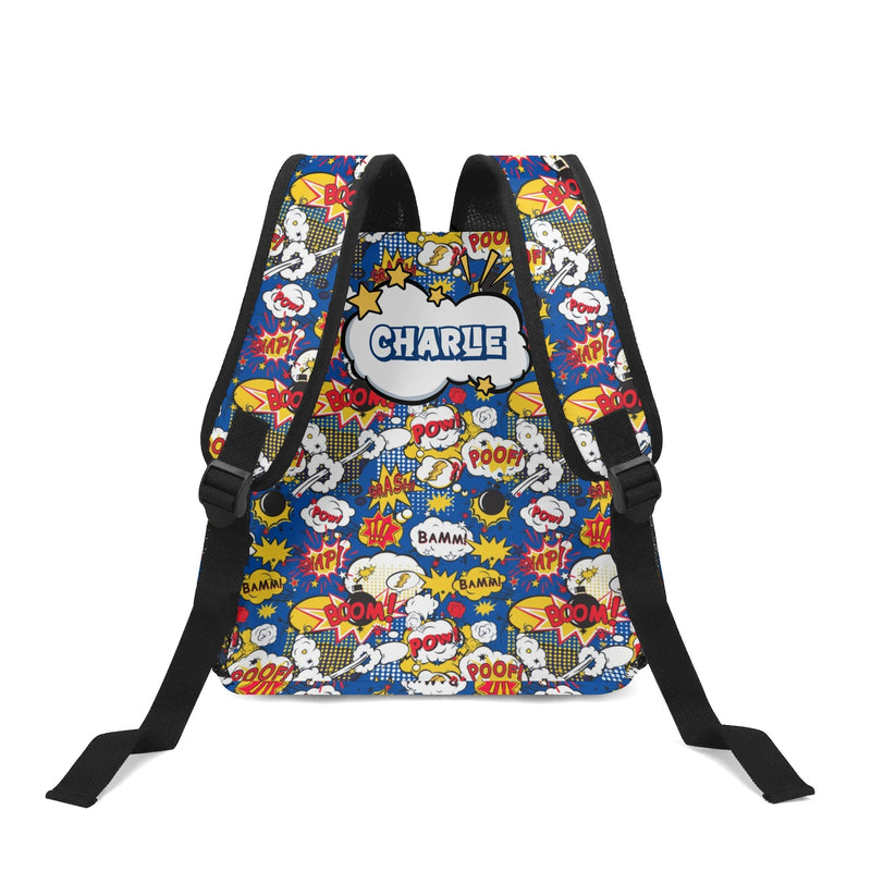 Personalised - Comic Book Blue - Small Kids Backpack, Name On Back Personalised Small Kids Backpack comic Printed Offshore