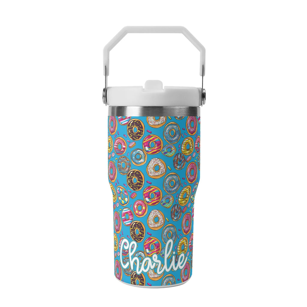 Personalised Doughnuts on Blue 20oz Stainless Steel Tumbler Screw On Lid With Straw Default Title Personalised 20oz Tumbler with Top Handle Food Printed Offshore