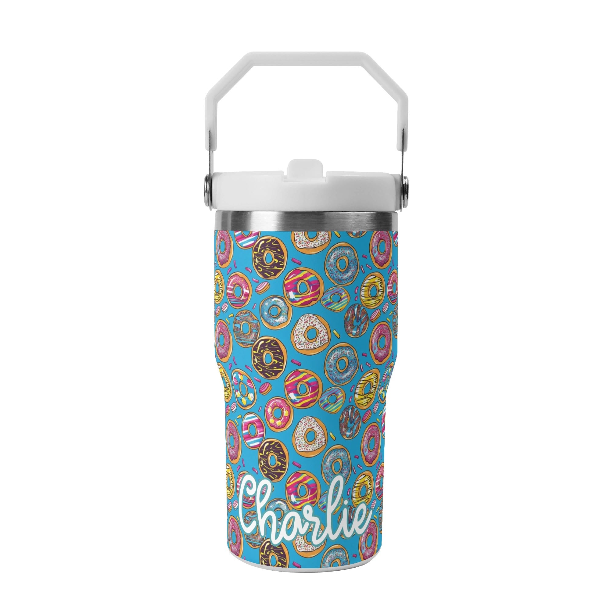 Personalised - Doughnuts on Blue - 20oz Stainless Steel Tumbler Screw On Lid With Straw Default Title Personalised 20oz Tumbler with Top Handle Food Printed Offshore