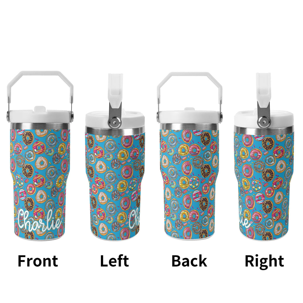 Personalised Doughnuts on Blue 20oz Stainless Steel Tumbler Screw On Lid With Straw Personalised 20oz Tumbler with Top Handle Food Printed Offshore