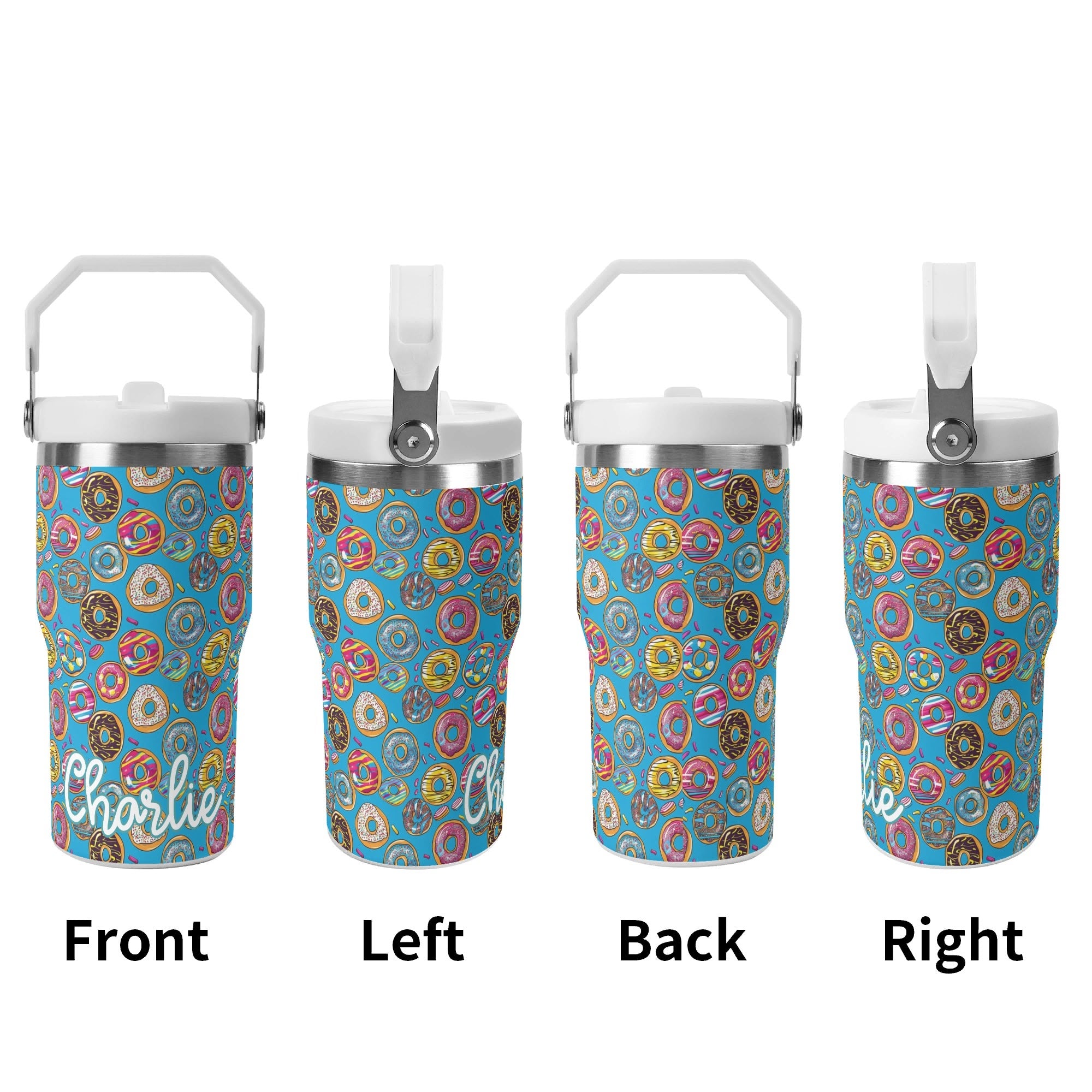 Personalised Doughnuts on Blue 20oz Stainless Steel Tumbler Screw On Lid With Straw Personalised 20oz Tumbler with Top Handle Food Printed Offshore