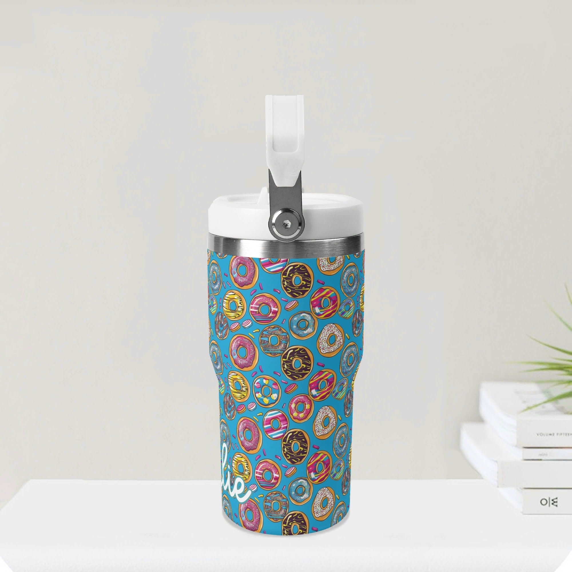 Personalised - Doughnuts on Blue - 20oz Stainless Steel Tumbler Screw On Lid With Straw Personalised 20oz Tumbler with Top Handle Food Printed Offshore