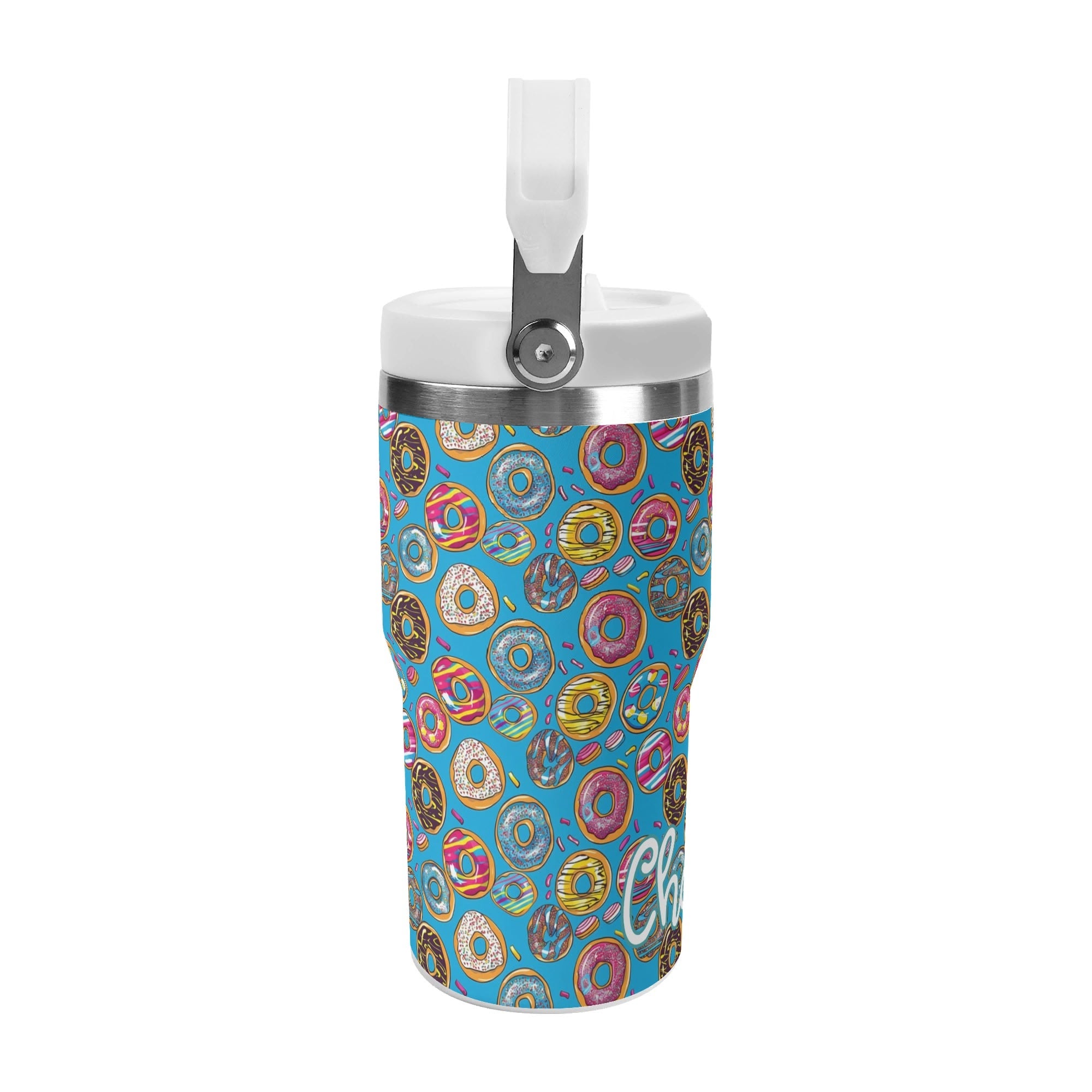 Personalised Doughnuts on Blue 20oz Stainless Steel Tumbler Screw On Lid With Straw Personalised 20oz Tumbler with Top Handle Food Printed Offshore