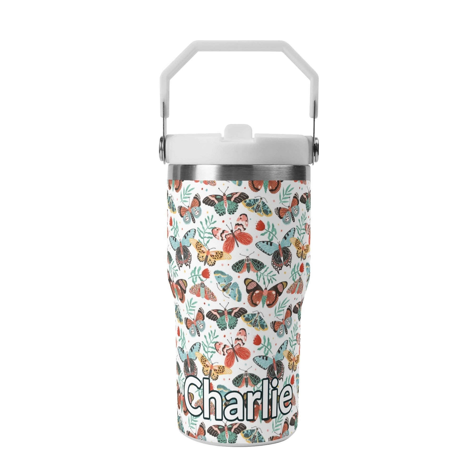 Personalised - Pretty Moths And Butterflies - 20oz Stainless Steel Tumbler Screw On Lid With Straw Default Title Personalised 20oz Tumbler with Top Handle animal Printed Offshore