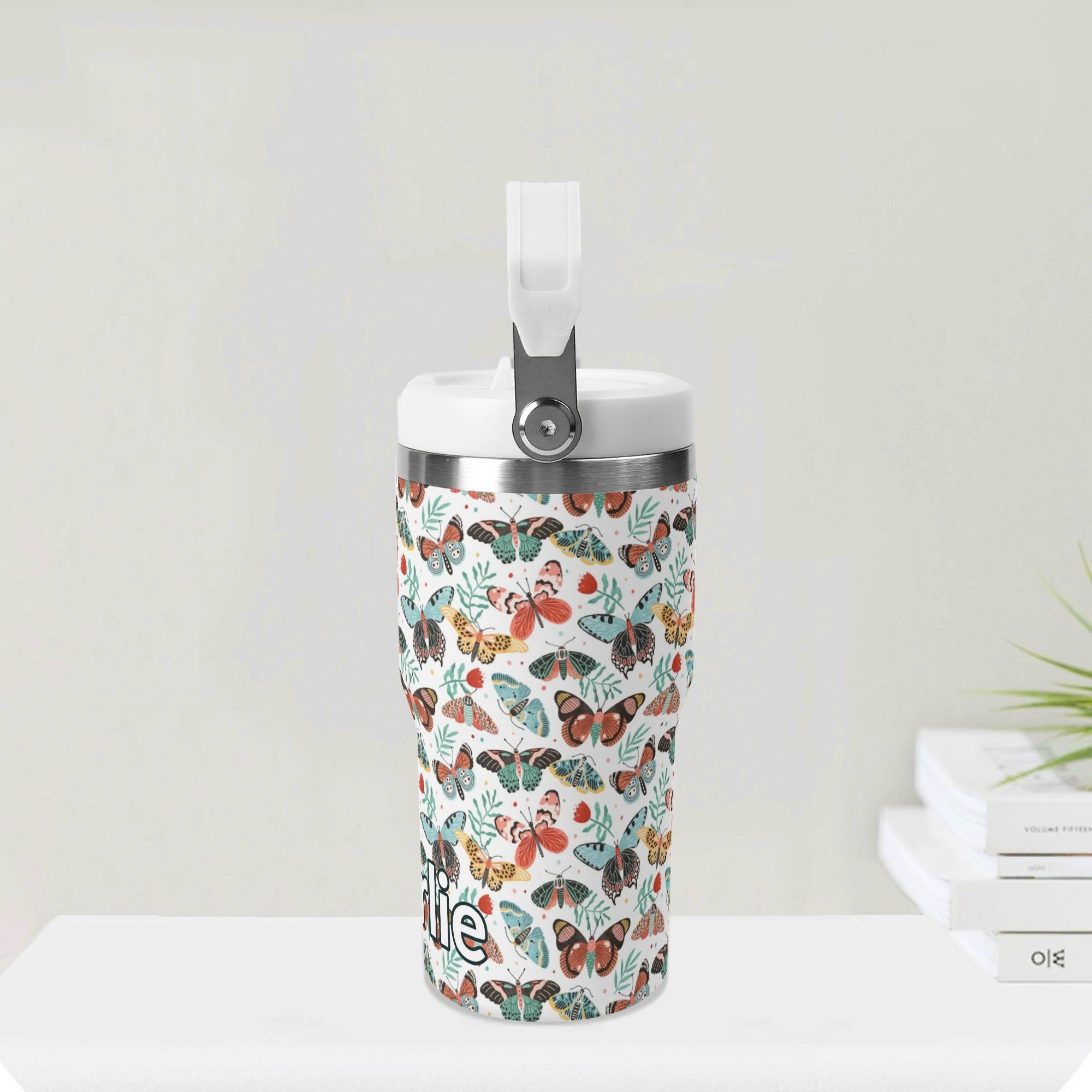 Personalised - Pretty Moths And Butterflies - 20oz Stainless Steel Tumbler Screw On Lid With Straw Personalised 20oz Tumbler with Top Handle animal Printed Offshore