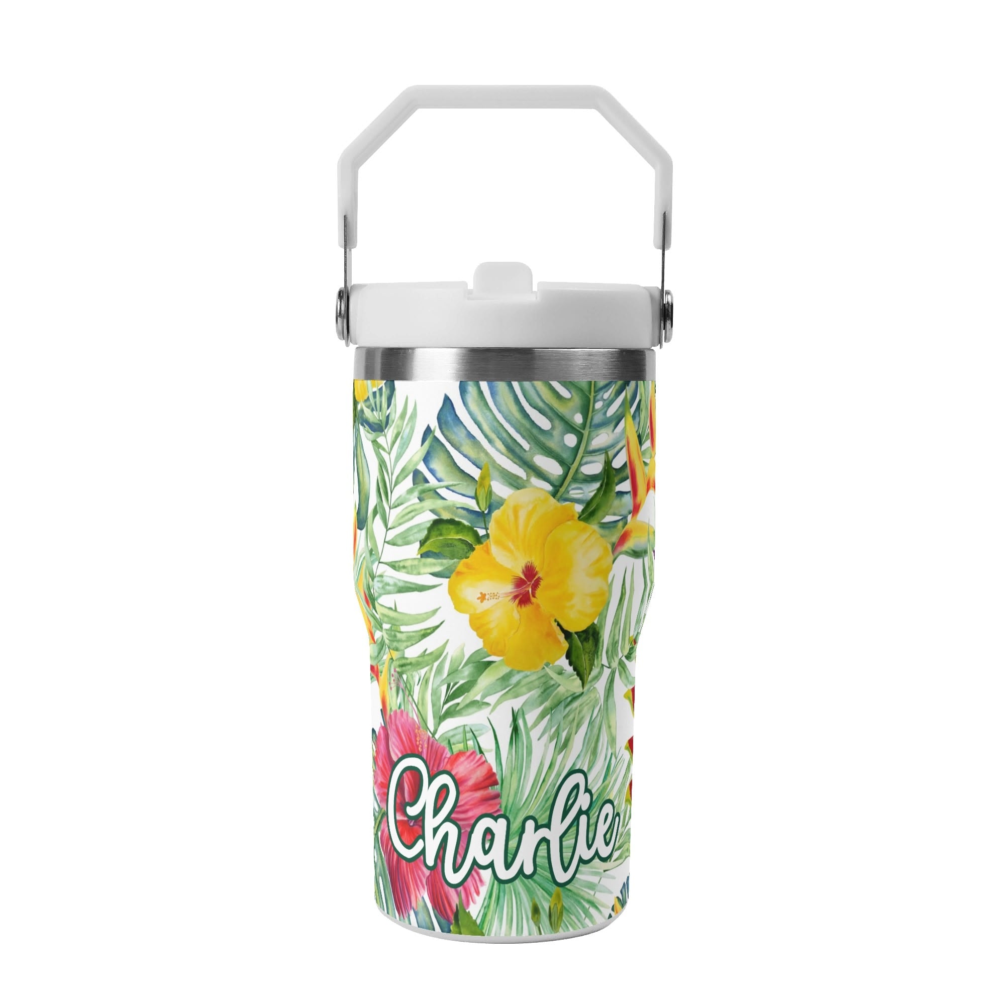 Personalised - Tropical Flowers On White - 20oz Stainless Steel Tumbler Screw On Lid With Straw Default Title Personalised 20oz Tumbler with Top Handle Plants Printed Offshore