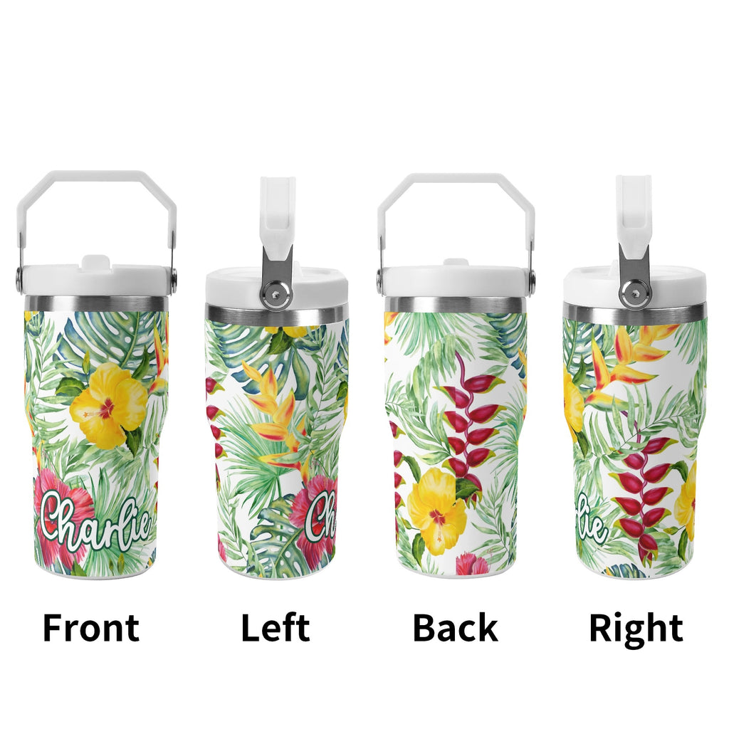 Personalised Tropical Flowers On White 20oz Stainless Steel Tumbler Screw On Lid With Straw Personalised 20oz Tumbler with Top Handle Plants Printed Offshore