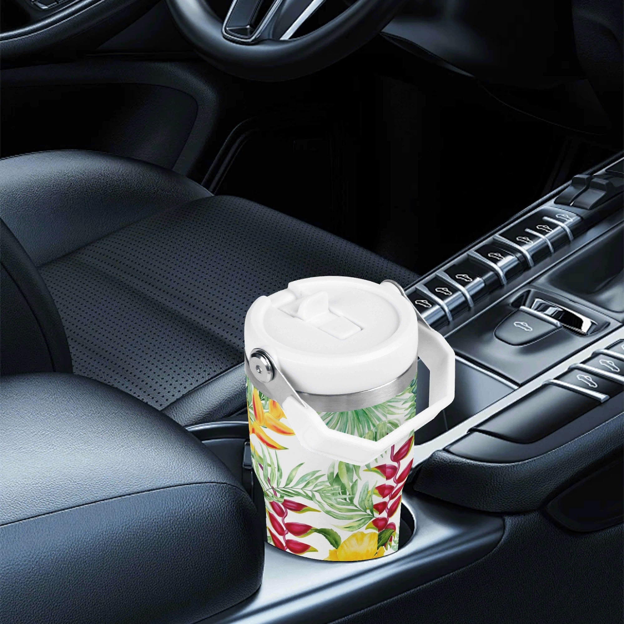 Personalised - Tropical Flowers On White - 20oz Stainless Steel Tumbler Screw On Lid With Straw Personalised 20oz Tumbler with Top Handle Plants Printed Offshore