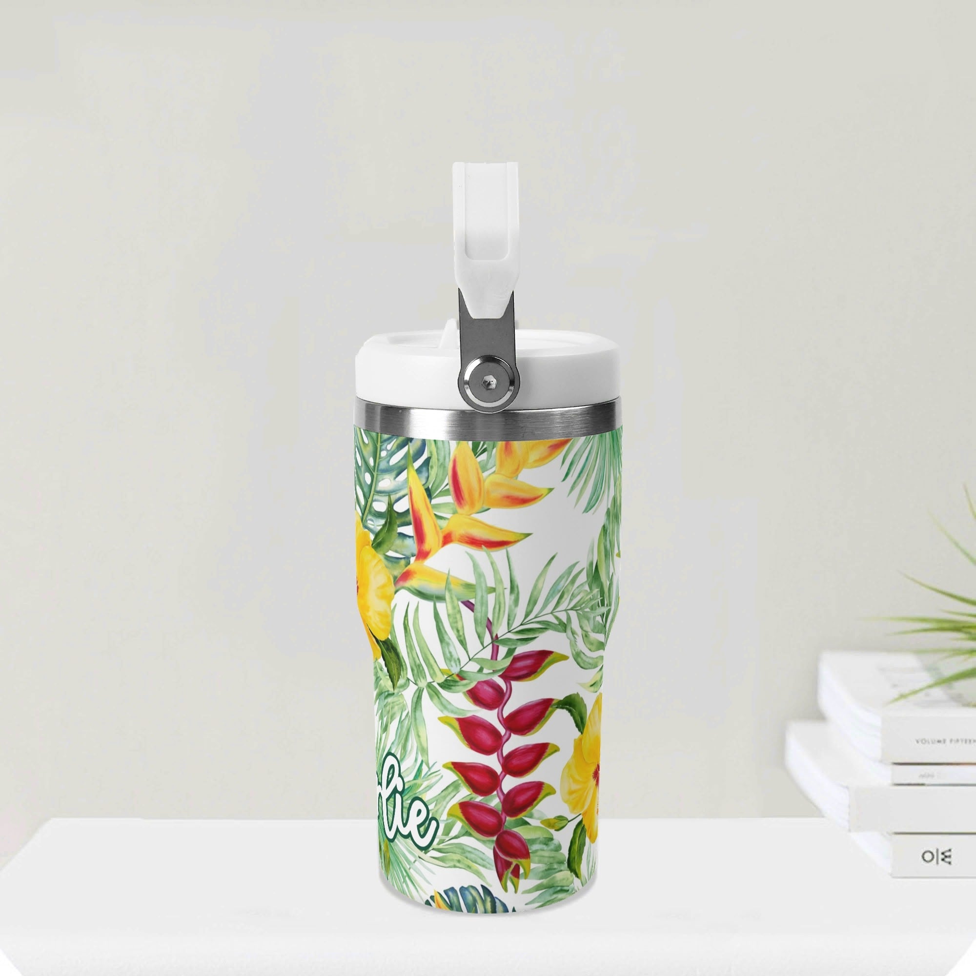 Personalised - Tropical Flowers On White - 20oz Stainless Steel Tumbler Screw On Lid With Straw Personalised 20oz Tumbler with Top Handle Plants Printed Offshore