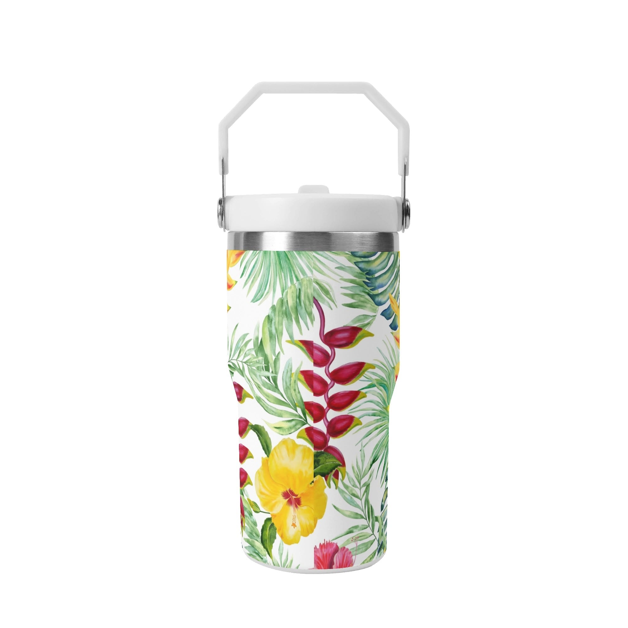Personalised - Tropical Flowers On White - 20oz Stainless Steel Tumbler Screw On Lid With Straw Personalised 20oz Tumbler with Top Handle Plants Printed Offshore