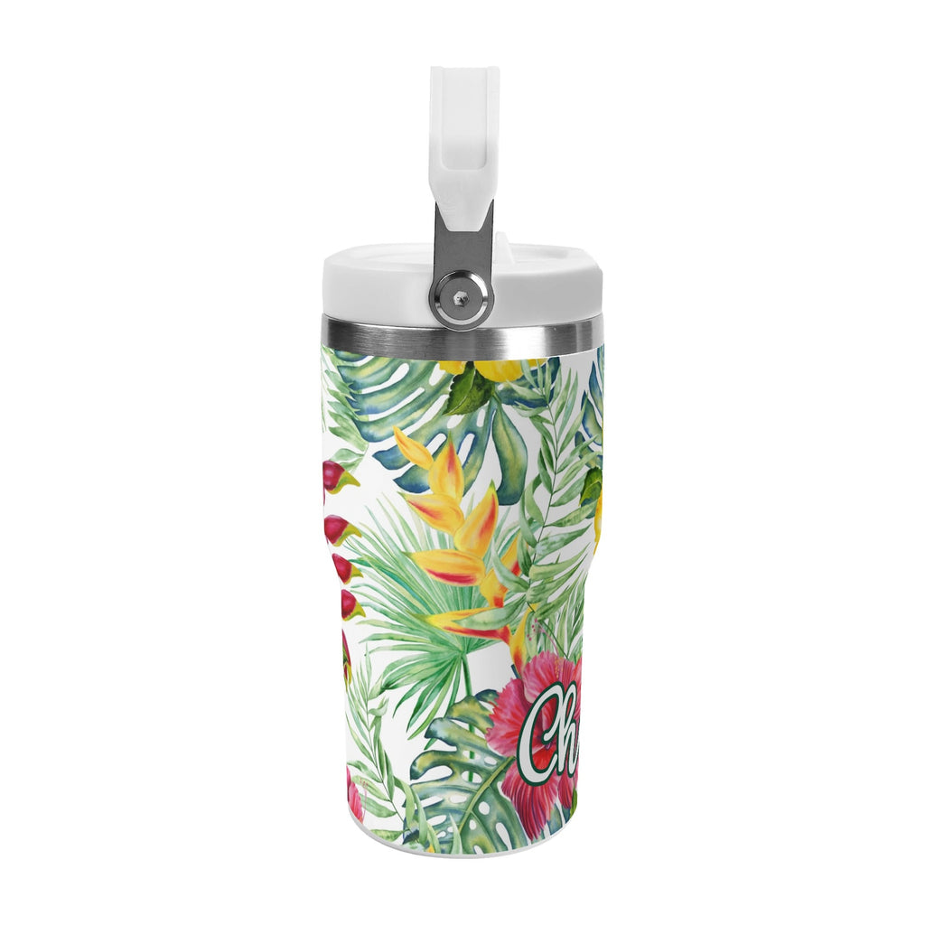 Personalised Tropical Flowers On White 20oz Stainless Steel Tumbler Screw On Lid With Straw Personalised 20oz Tumbler with Top Handle Plants Printed Offshore