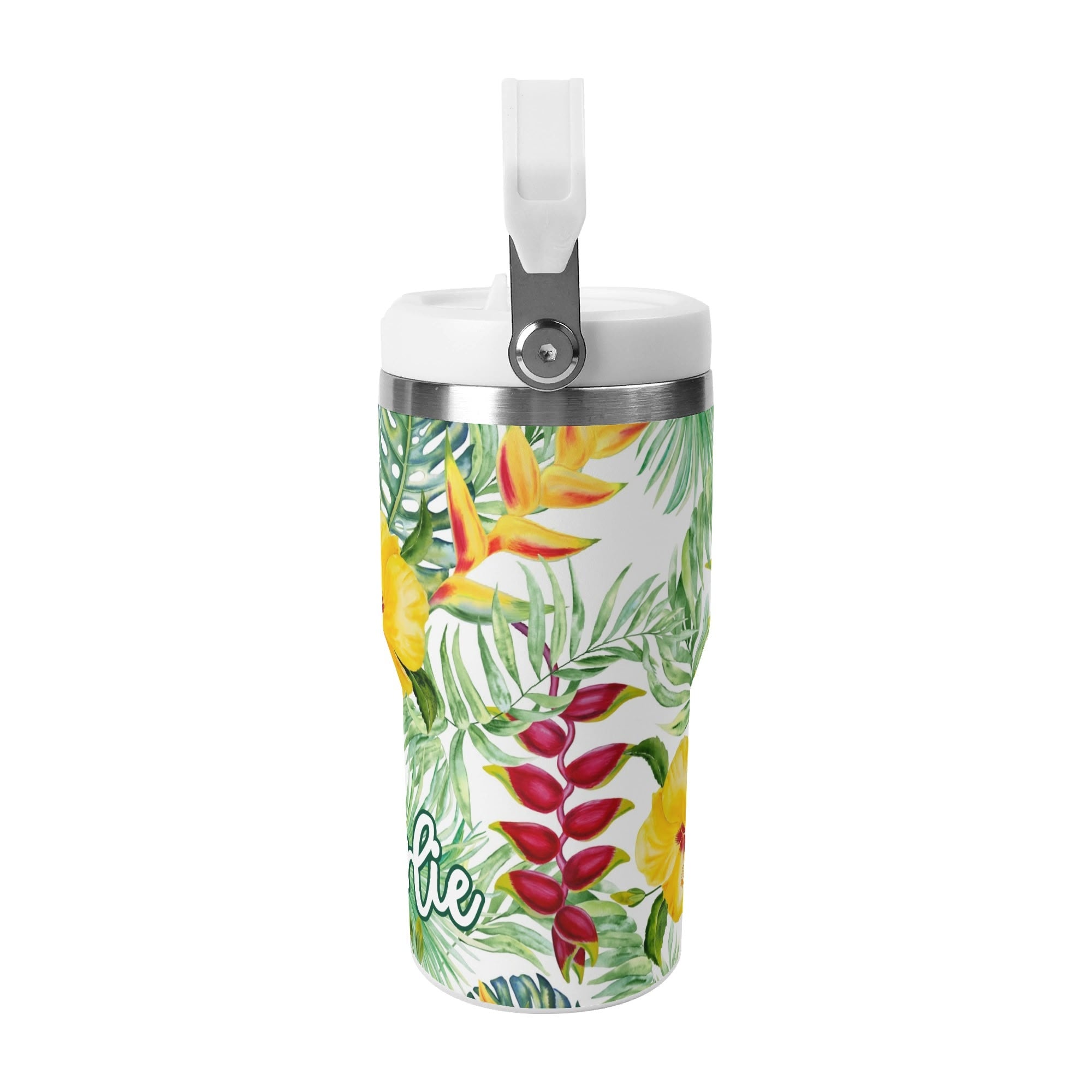 Personalised Tropical Flowers On White 20oz Stainless Steel Tumbler Screw On Lid With Straw Personalised 20oz Tumbler with Top Handle Plants Printed Offshore