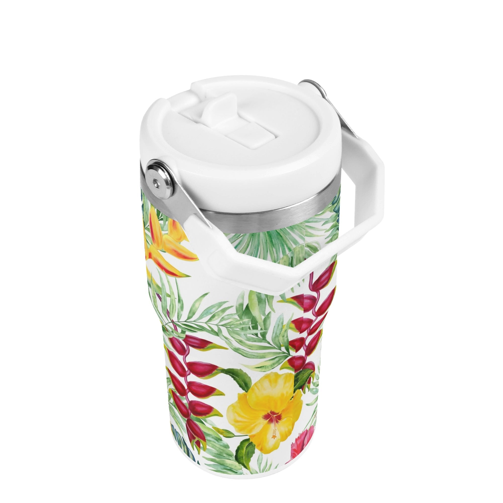 Personalised Tropical Flowers On White 20oz Stainless Steel Tumbler Screw On Lid With Straw Personalised 20oz Tumbler with Top Handle Plants Printed Offshore