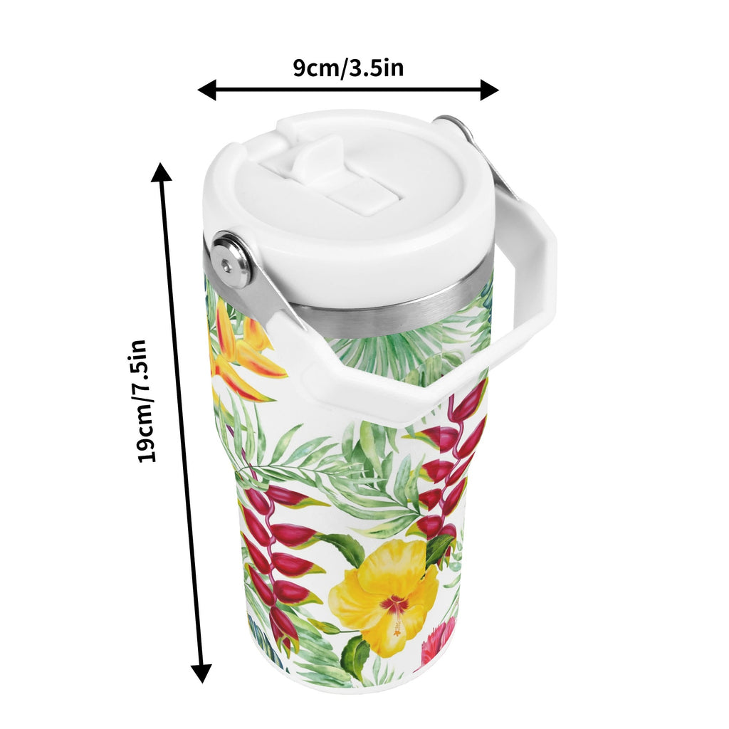 Personalised Tropical Flowers On White 20oz Stainless Steel Tumbler Screw On Lid With Straw Personalised 20oz Tumbler with Top Handle Plants Printed Offshore
